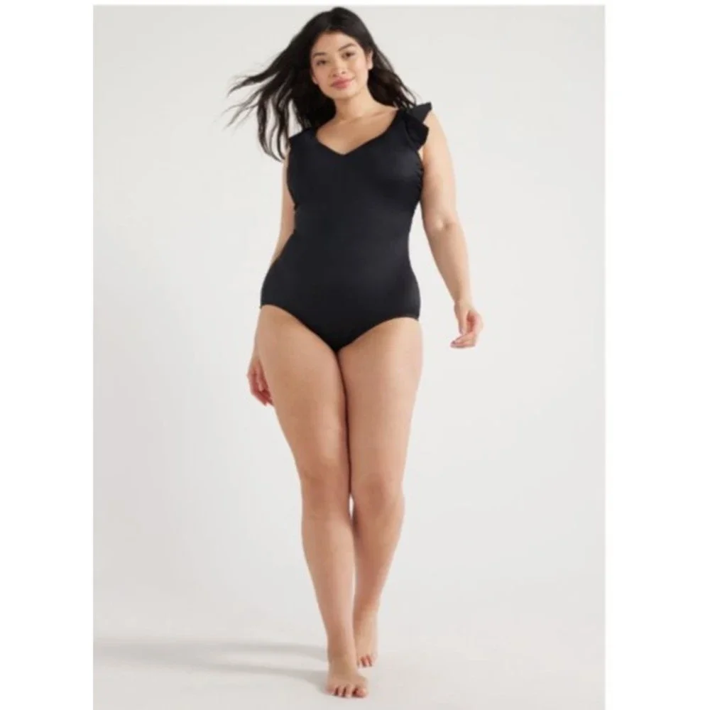 NWT Time and Tru Black Ruffle One Piece Fashion swimsuit bathing suit new pool